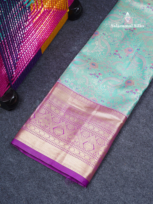 Semi Silk Pattu Pavadai Tissue (Sea Green) With Contrast Dark Purple  Blouse 45"