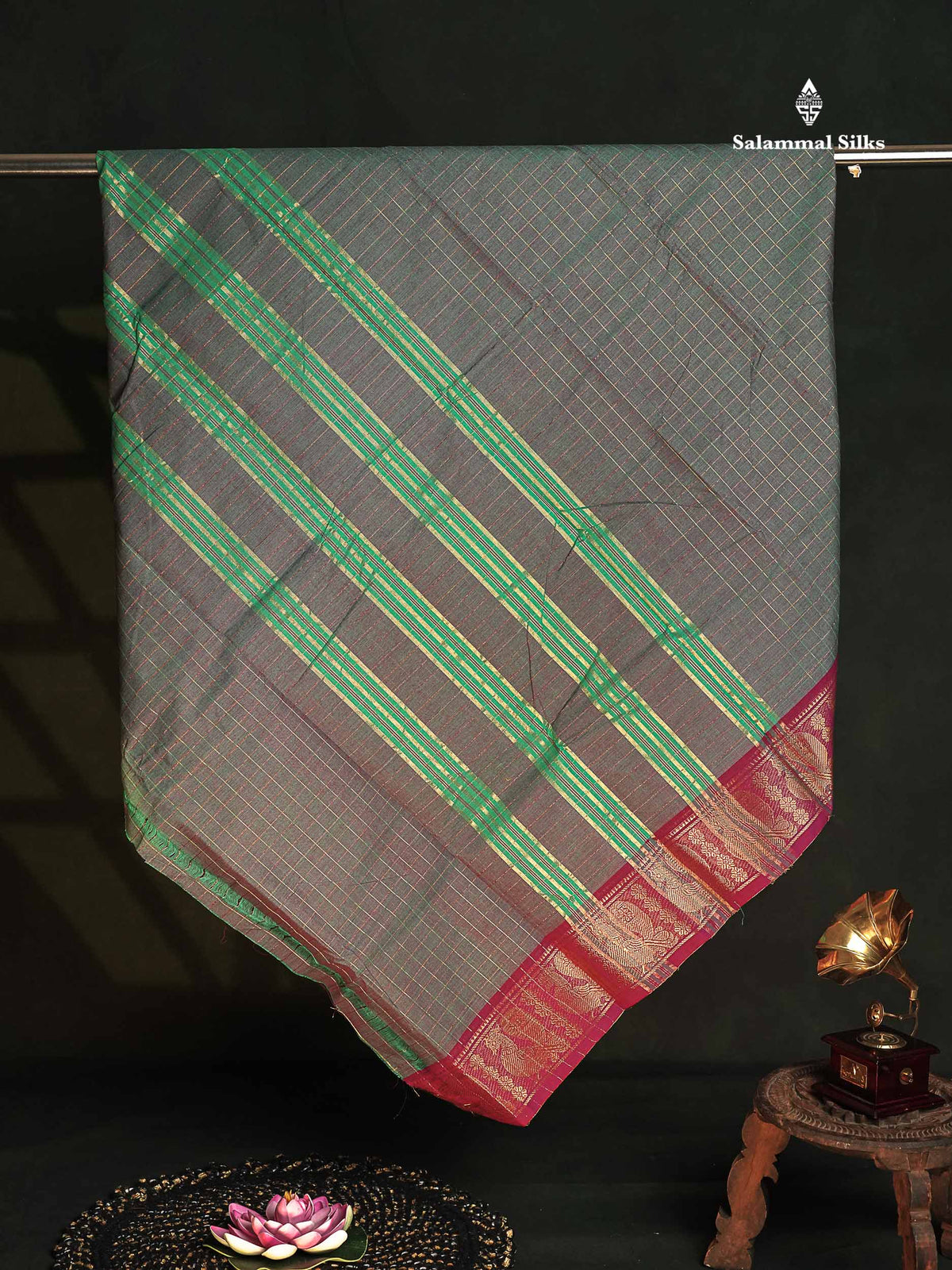 Chettinad Pure Cotton Saree - Dual Tone Grey Colour Body Zari Checks With Traditional Border 