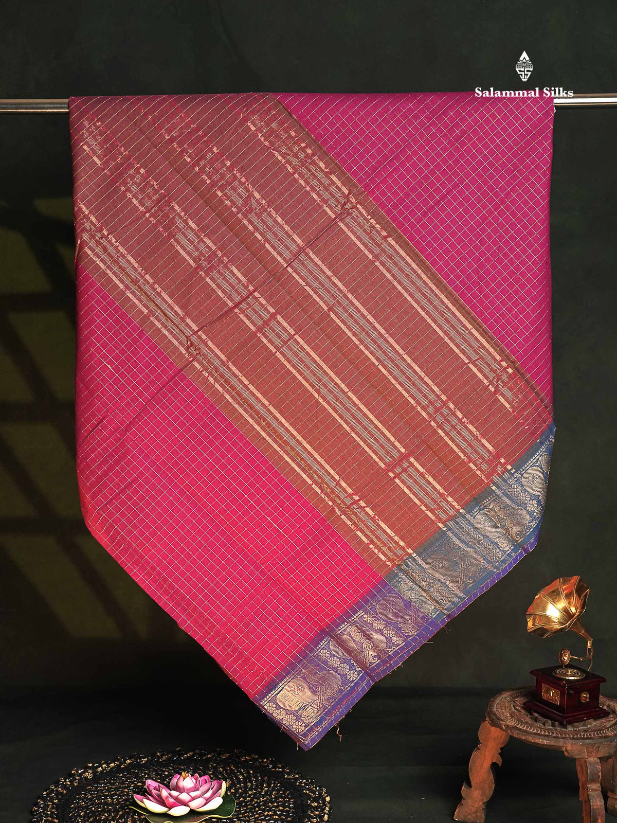 Chettinad Pure Cotton Saree - Magenta Pink Colour Body Zari Checks With Contrast Purple Border