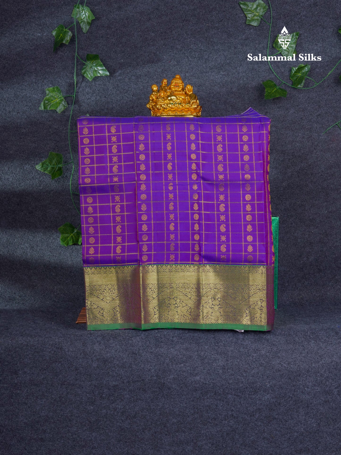Pure Silk Pattu Pavadai Checks With Butta ( Dark Purple ) With Contrast Bottle Green Blouse 20"