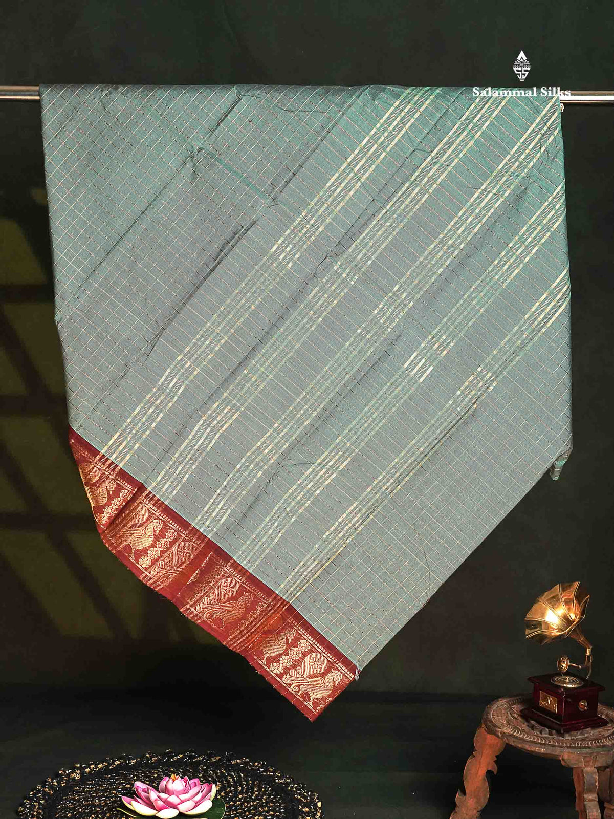 Chettinad Pure Cotton Saree - Dual Tone Sapphire Green Colour Body Zari Checks With Contrast Maroon Border
