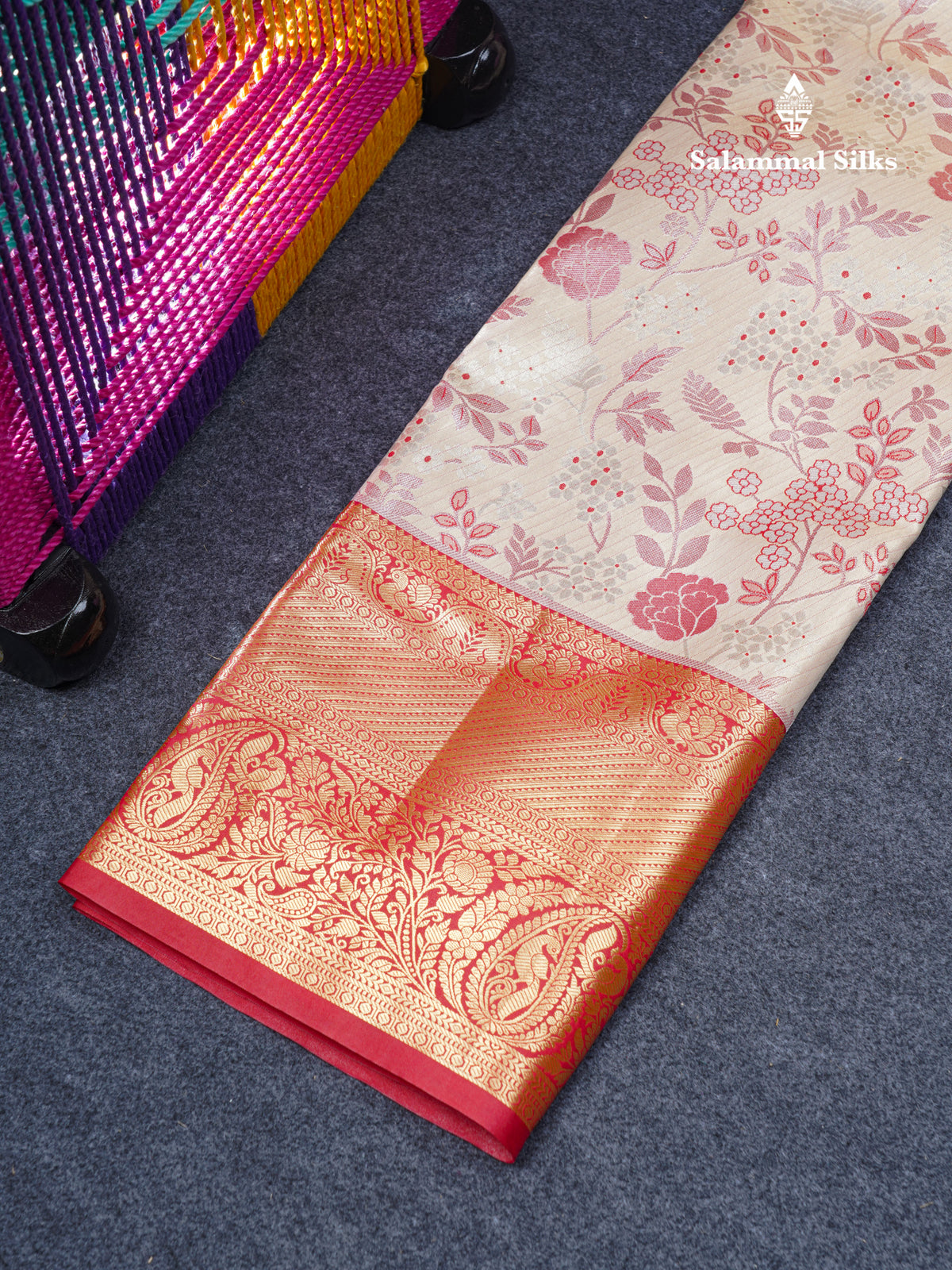 Semi Silk Pattu Pavadai Tissue (Cream) With Contrast Chilly Red  Blouse 45"