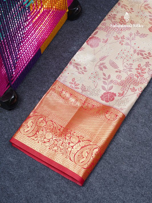 Semi Silk Pattu Pavadai Tissue (Cream) With Contrast Chilly Red  Blouse 45"