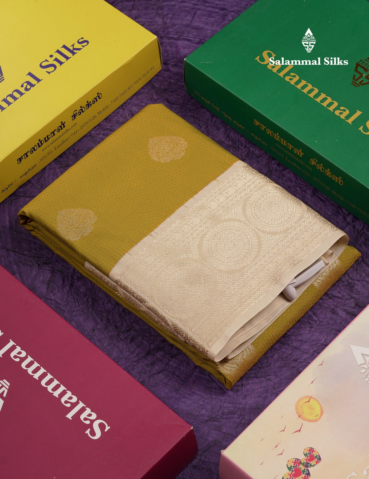 Beautiful Manthulir Yellow Semi Silk Saree With Contrast Cream Sandal Traditional Border