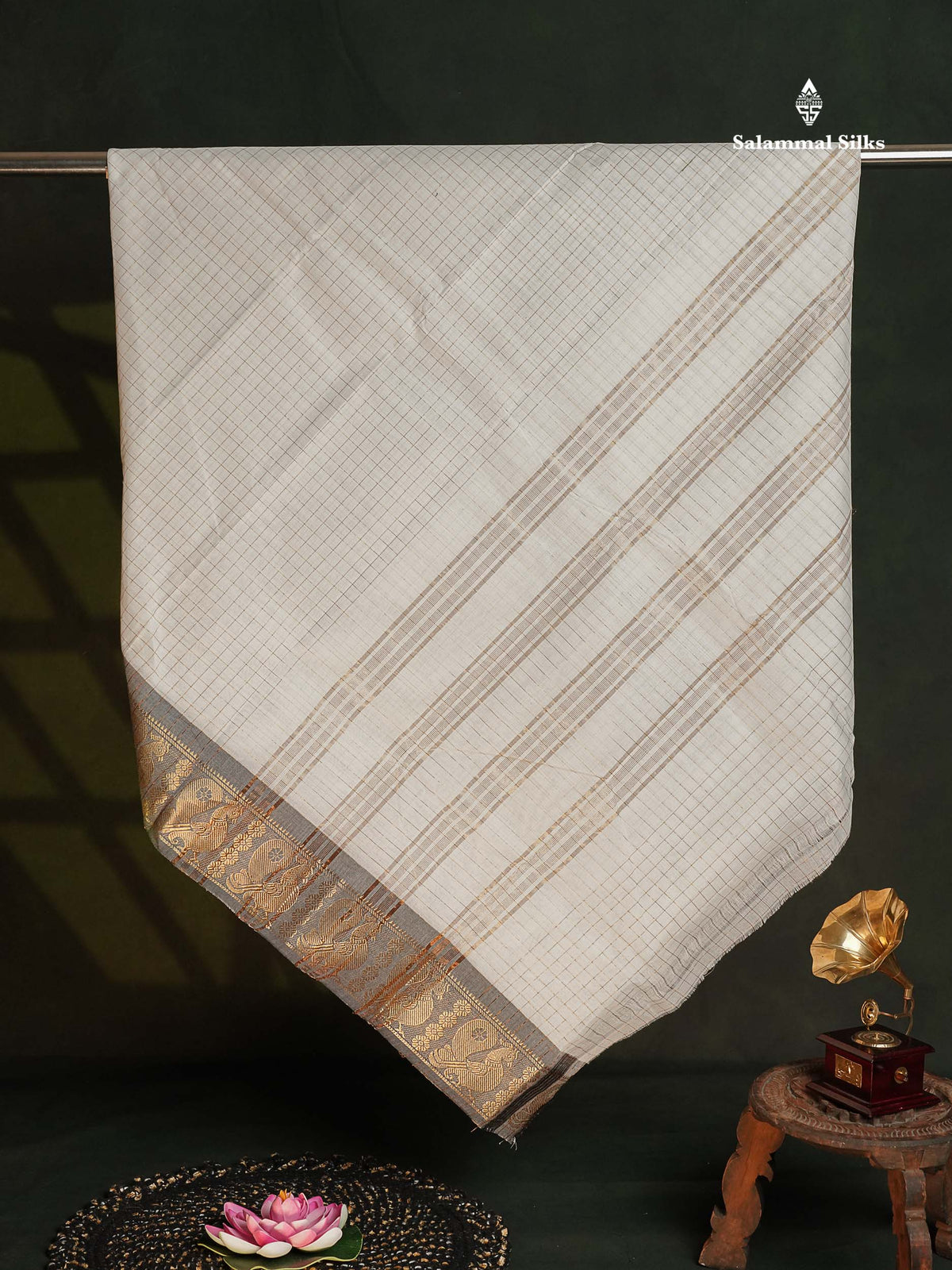 Chettinad Pure Cotton Saree - White Colour Body Zari Checks With Contrast Ash Border
