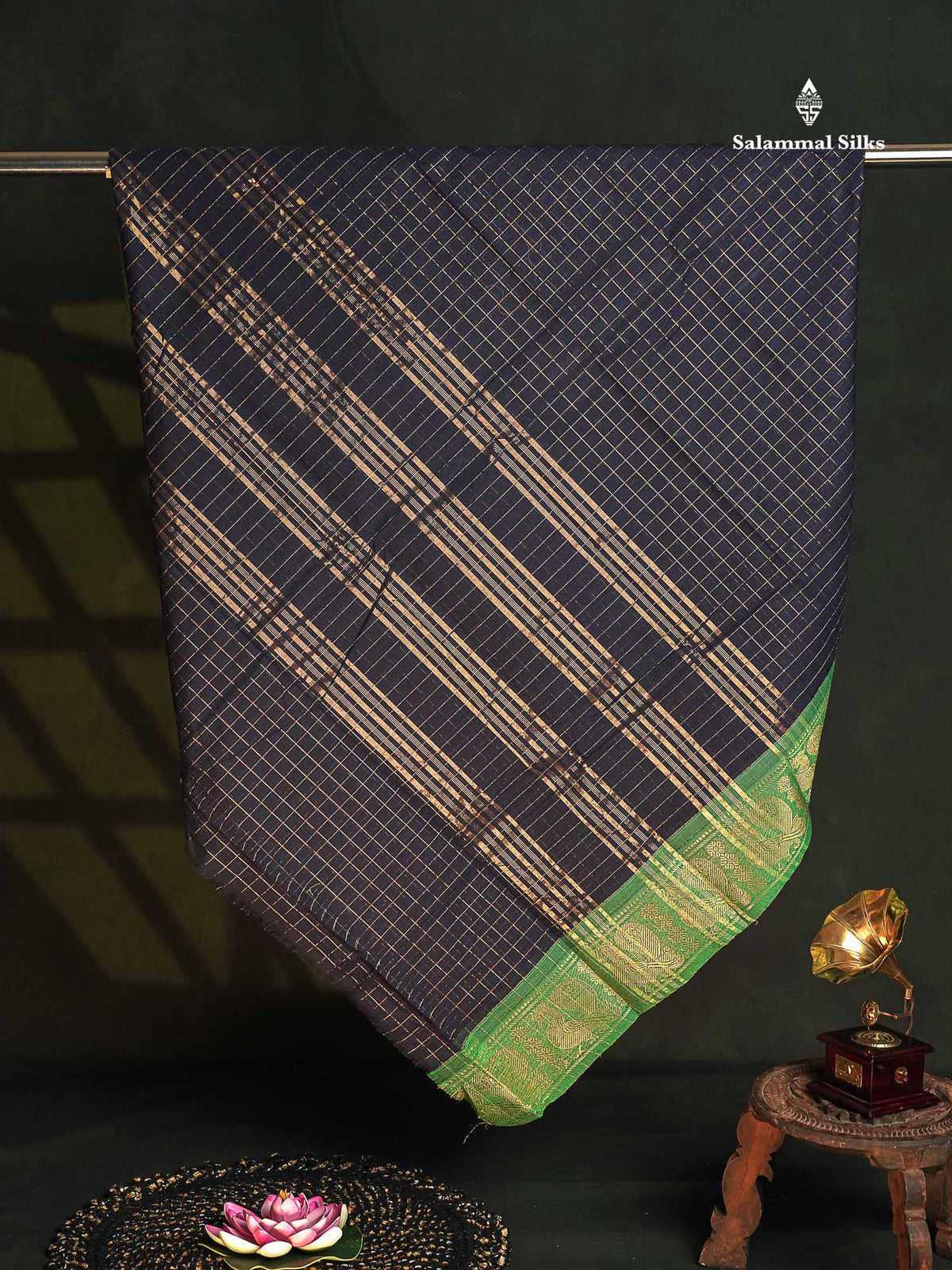 Chettinad Pure Cotton Saree - Navy Blue Colour Body Zari Checks With Traditional Border 