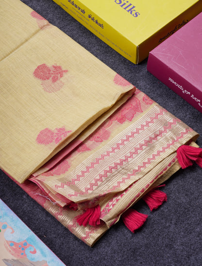 Beautiful Light Yellow Muga Cotton Saree With Contrast Light Red Blouse