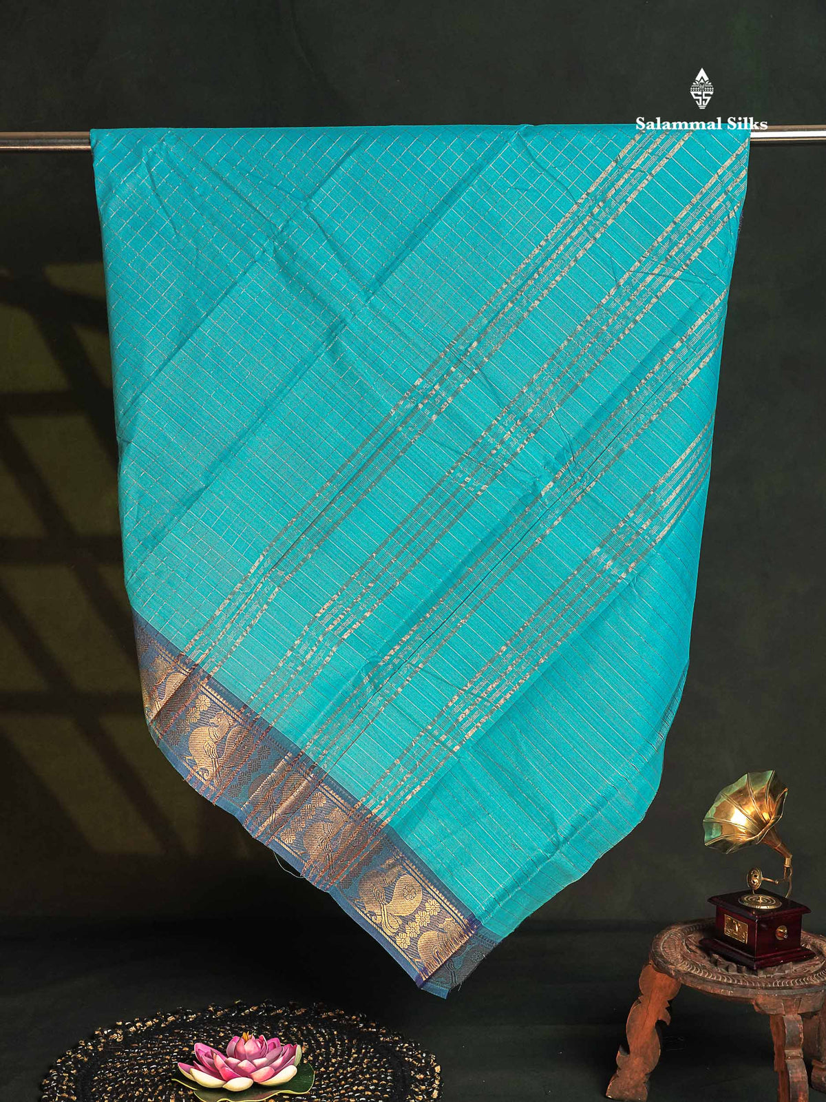 Chettinad Pure Cotton Saree - Aqua Blue Colour Body Zari Checks With Traditional Border 