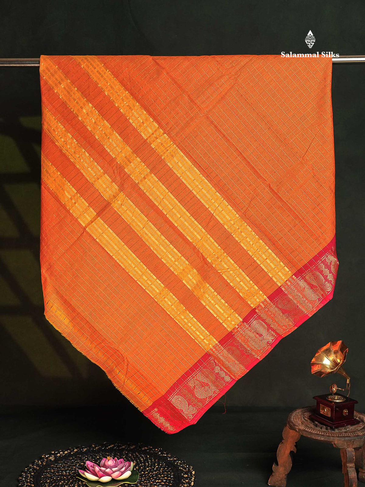 Chettinad Pure Cotton Saree - Orange Colour Body Zari Checks With Contrast Pink Border