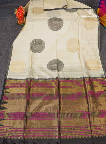 Pure Silk Cotton Saree - Half White Colour Body Thread Butta & Black Blouse