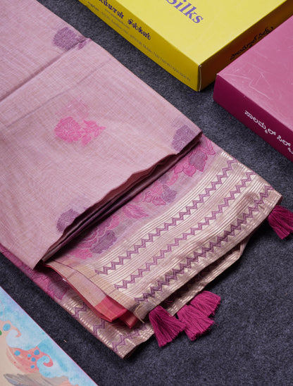 Beautiful Light Yellow Muga Cotton Saree With Contrast Light Red Blouse