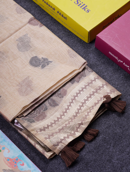 Beautiful Light Yellow Muga Cotton Saree With Contrast Light Red Blouse