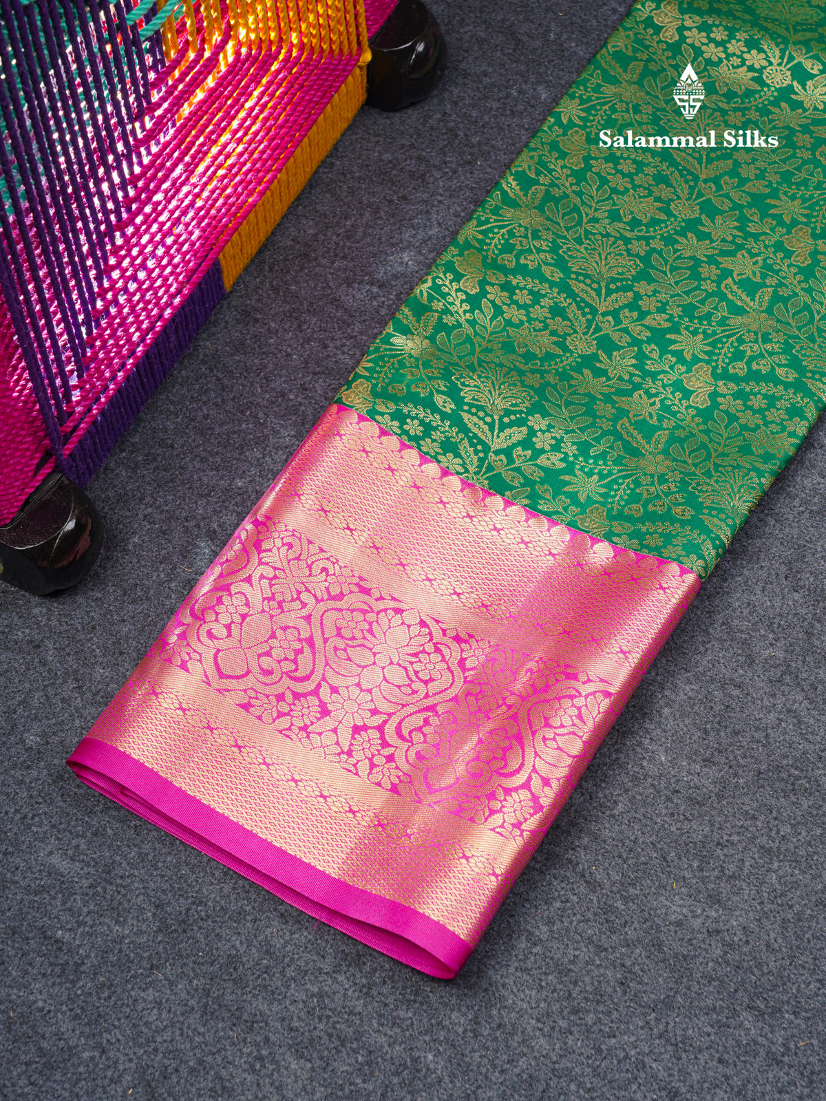 Semi Silk Pattu Pavadai (Bottle Green) With Contrast Magenta Pink Blouse 44"