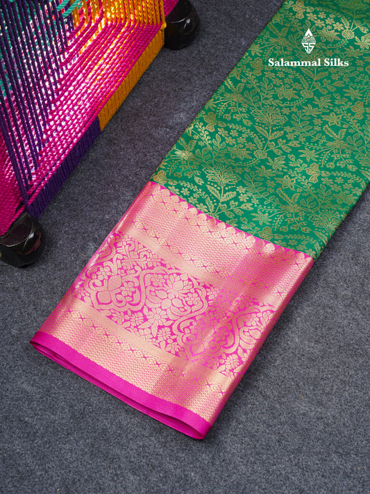 Semi Silk Pattu Pavadai (Bottle Green) With Contrast Magenta Pink Blouse 44"