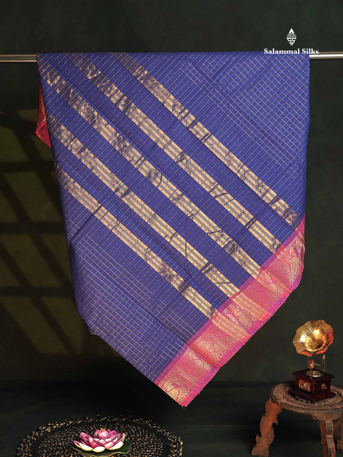 Chettinad Pure Cotton Saree - Violet Colour Body Zari Checks With Contrast Magenta Border