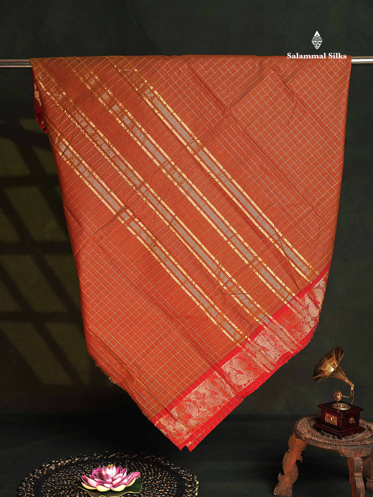 Chettinad Pure Cotton Saree - Rust Orange Colour Body Zari Checks With Contrast Maroon Border