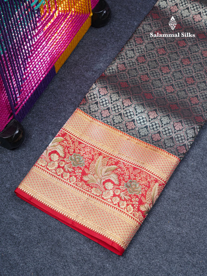 Pure Silk Pattu Pavadai (Black) With Contrast Chilly Red Designer Blouse 45"