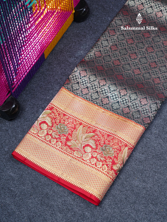 Pure Silk Pattu Pavadai (Black) With Contrast Chilly Red Designer Blouse 45"