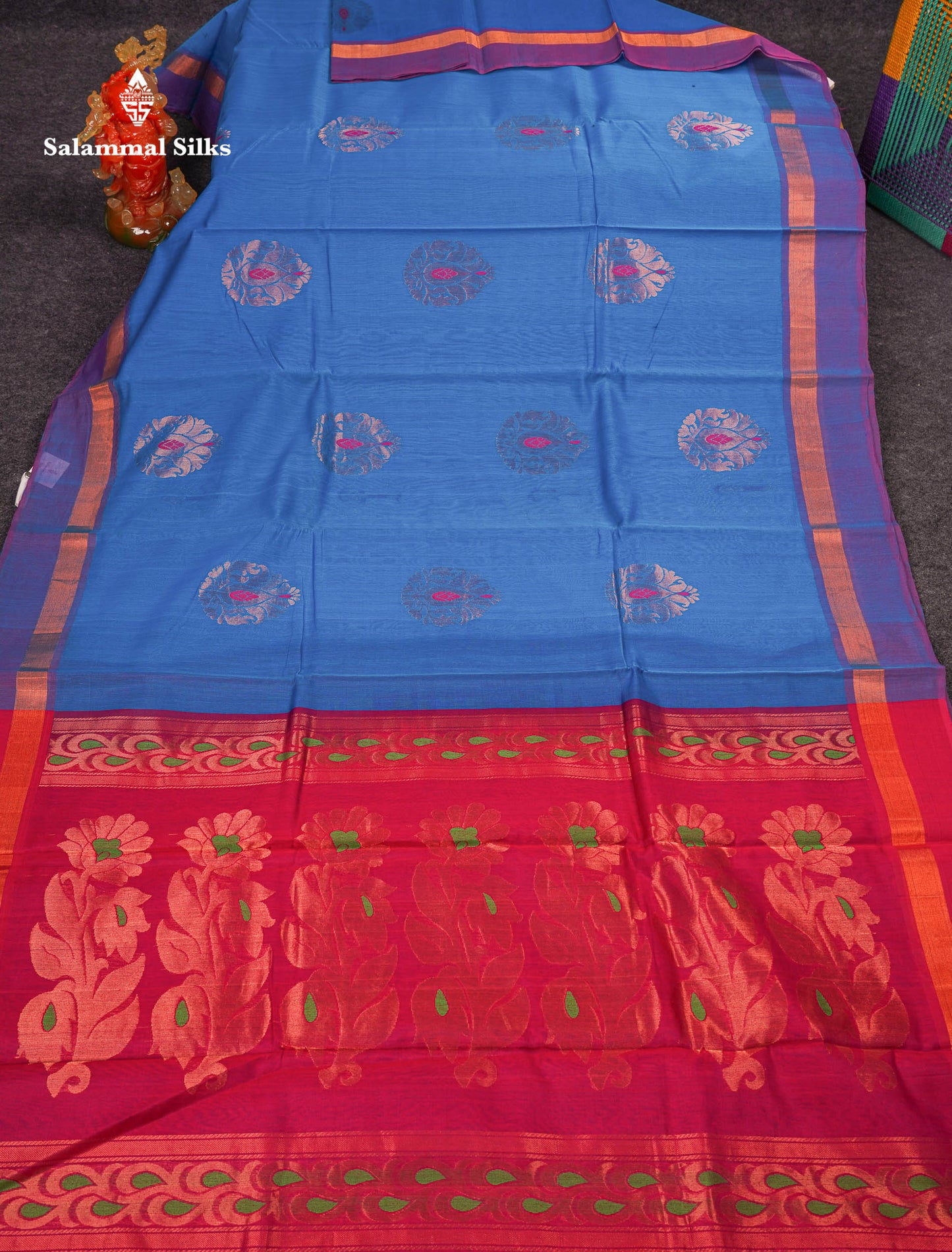 Beautiful Ananda Blue Zari Butta Menakari Work SICO Cotton Saree With Contrast Pink Blouse