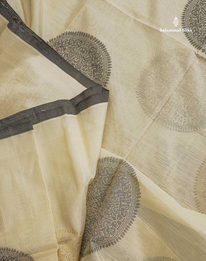 Pure Silk Cotton Saree - Half White Colour Body Thread Butta & Black Blouse