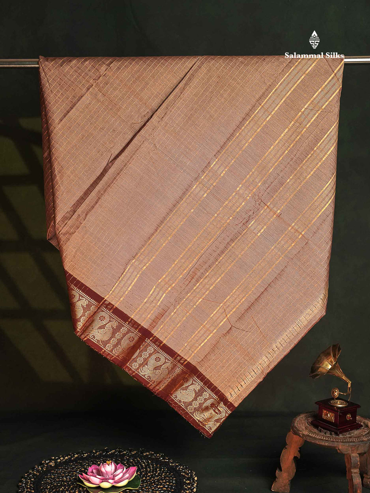 Chettinad Pure Cotton Saree - Light Brown Colour Body Zari Checks With Contrast Dark Maroon Border