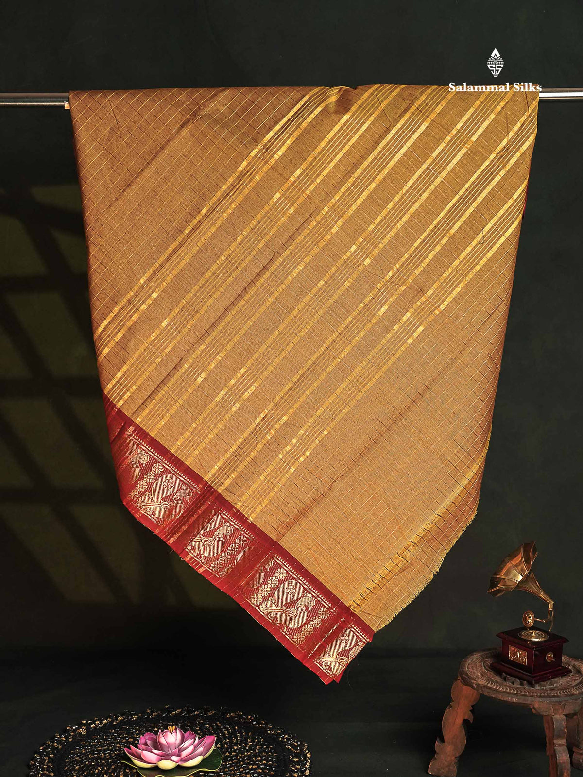 Chettinad Pure Cotton Saree - Olive Mustard Yellow Colour Body Zari Checks With Contrast Maroon Border
