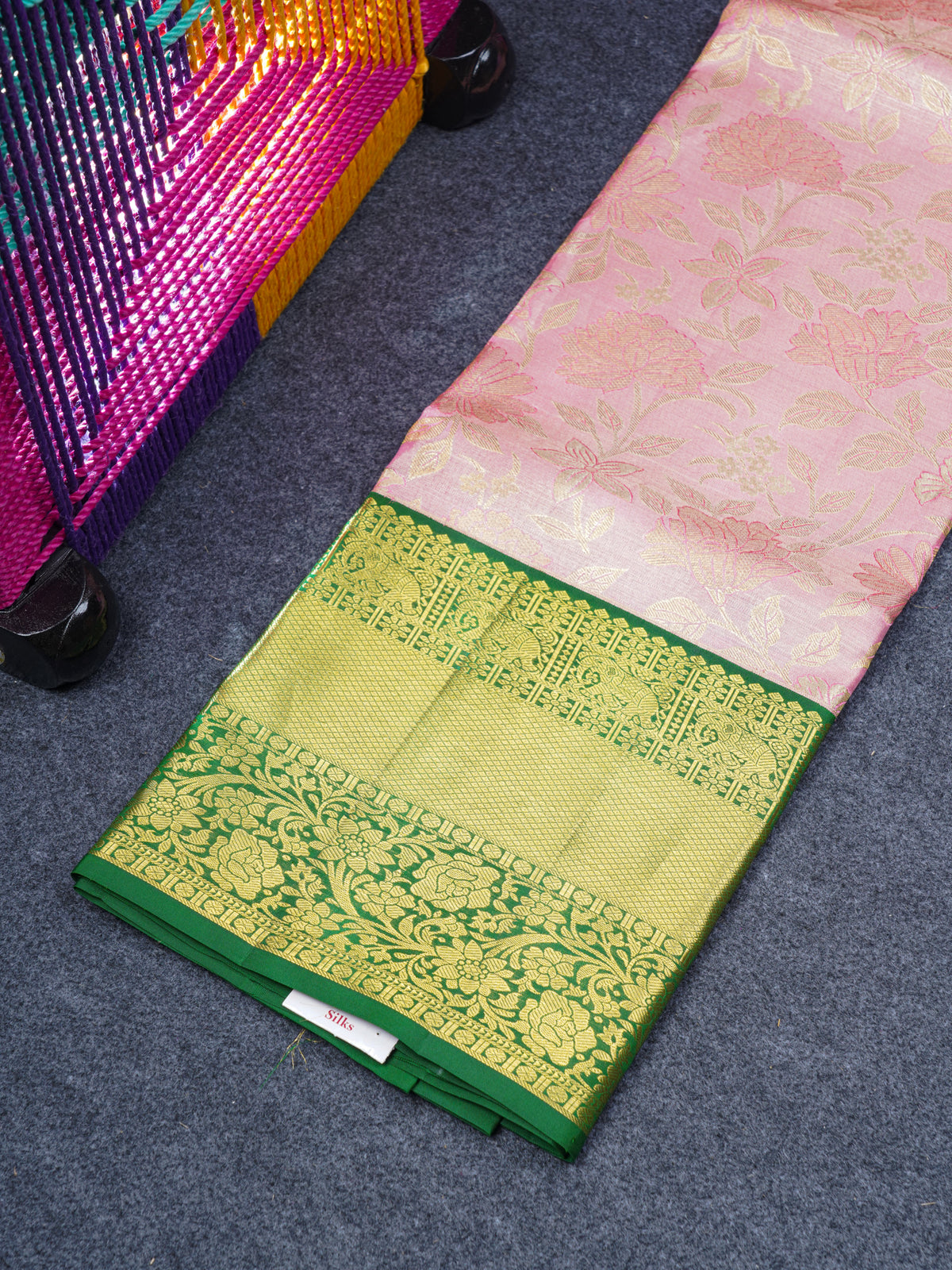 Pure Silk Pattu Pavadai ( Peach Tissue ) With Bottle Green Blouse  44"