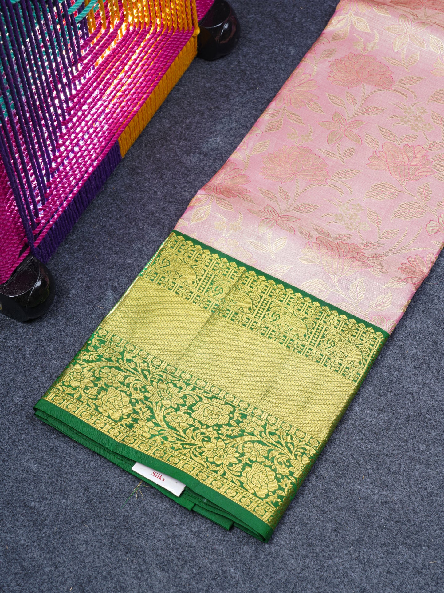 Pure Silk Pattu Pavadai ( Peach Tissue ) With Bottle Green Blouse  44"