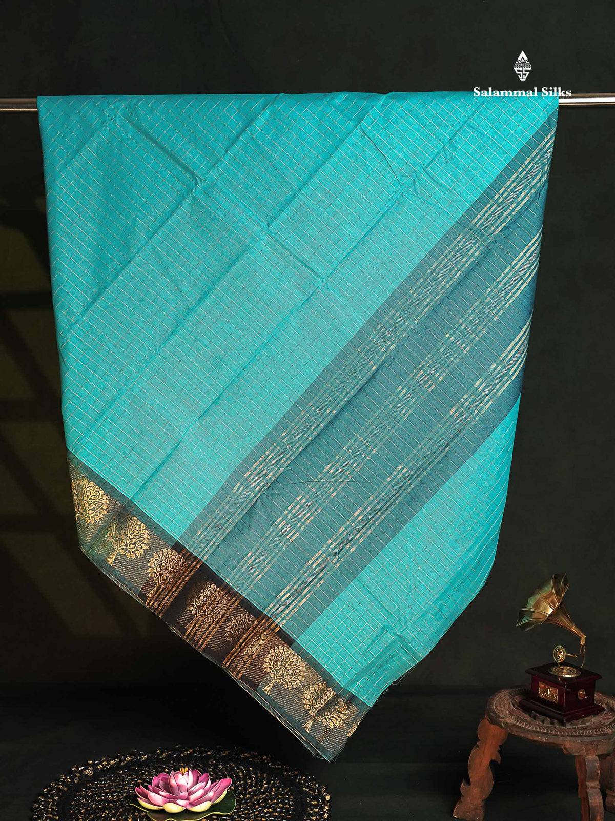 Chettinad Pure Cotton Saree - Aqua Blue Colour Body Zari Checks With Traditional Border 