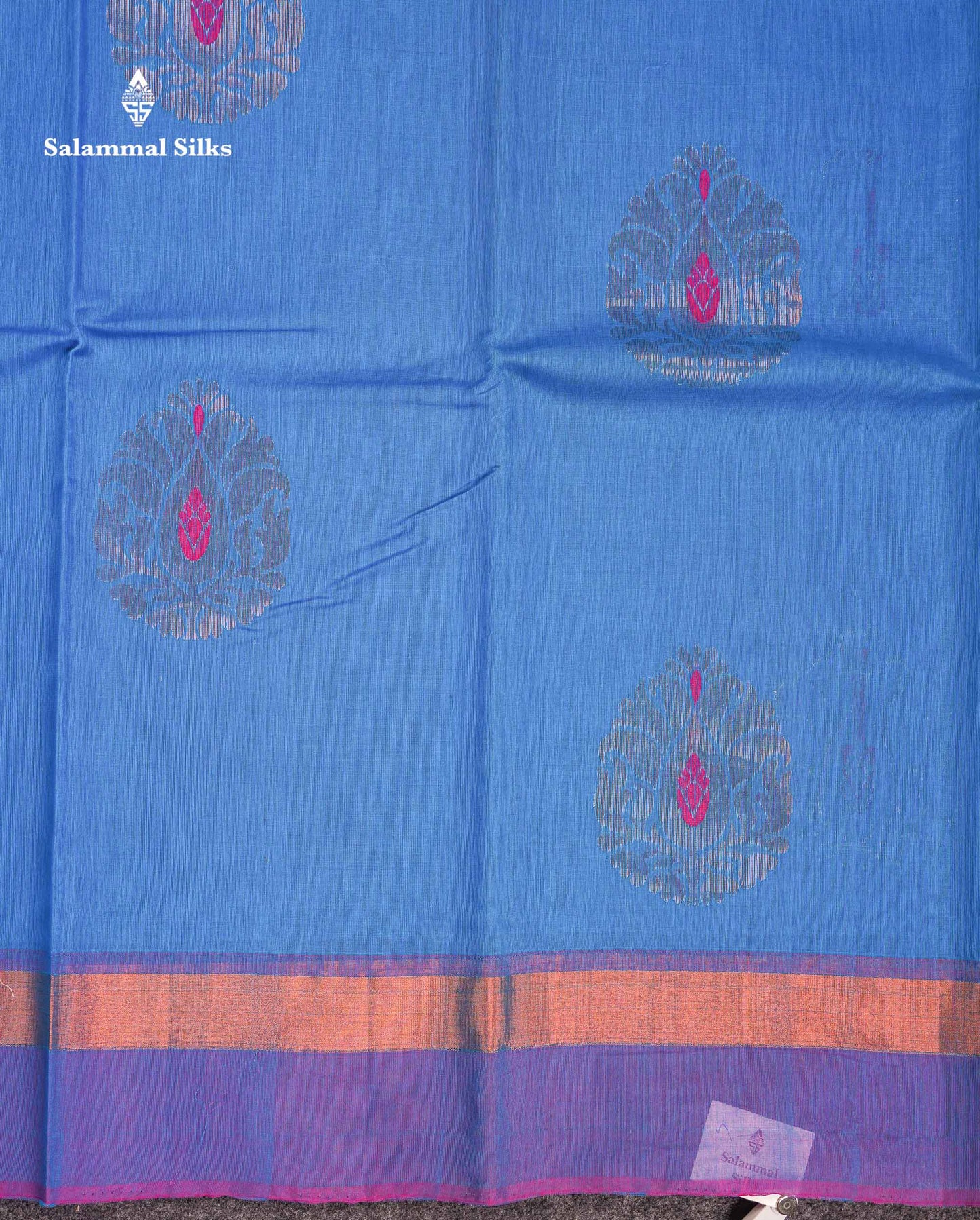 Beautiful Ananda Blue Zari Butta Menakari Work SICO Cotton Saree With Contrast Pink Blouse