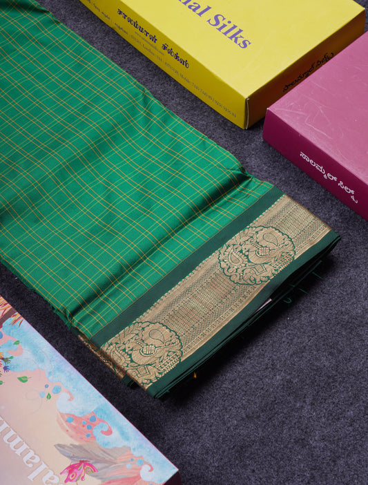 9 Yards Semi Silk Saree Peacock Green with Bottle Green Border