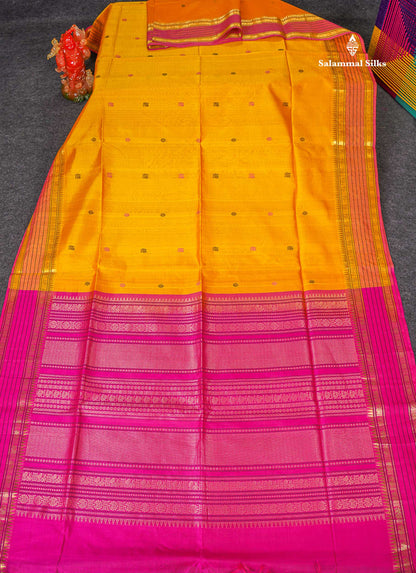 Pure Silk Cotton Saree - Pink Colour Body Thread Butta & Dark Purple Traditional Border