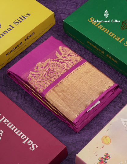 Beautiful Pinkish Red Plain Pure Kanjivaram Silk Saree With Traditional Border