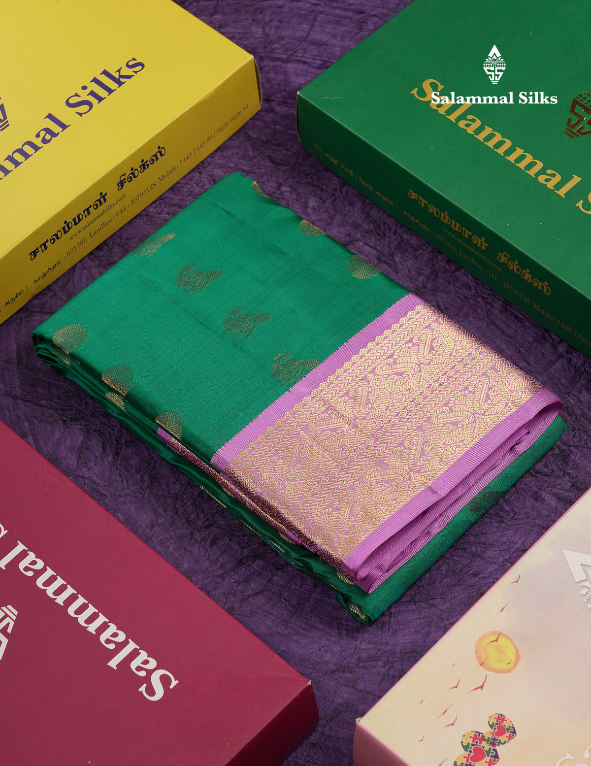 Beautiful Saffire Green Pure Kanjivaram Silk Saree With Contrast Lavender Traditional Border