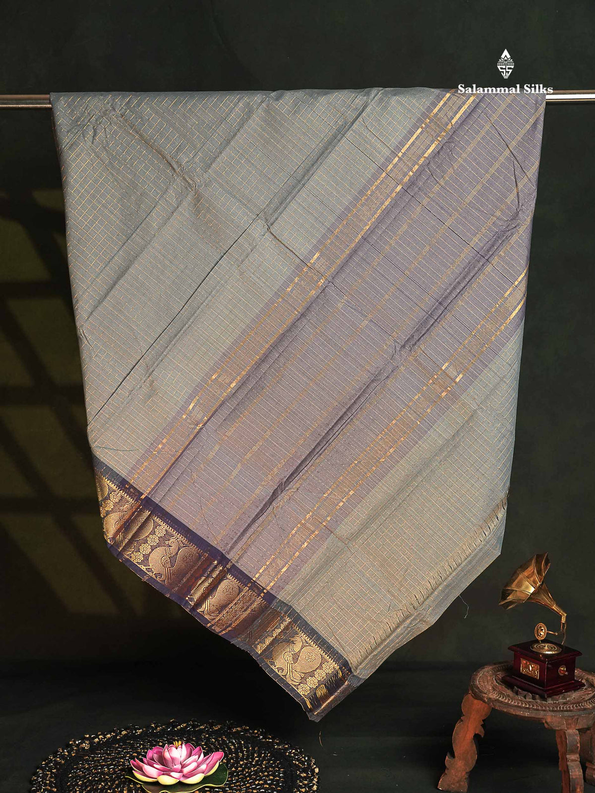 Chettinad Pure Cotton Saree - Grey Colour Body Zari Checks With Contrast Blue Border
