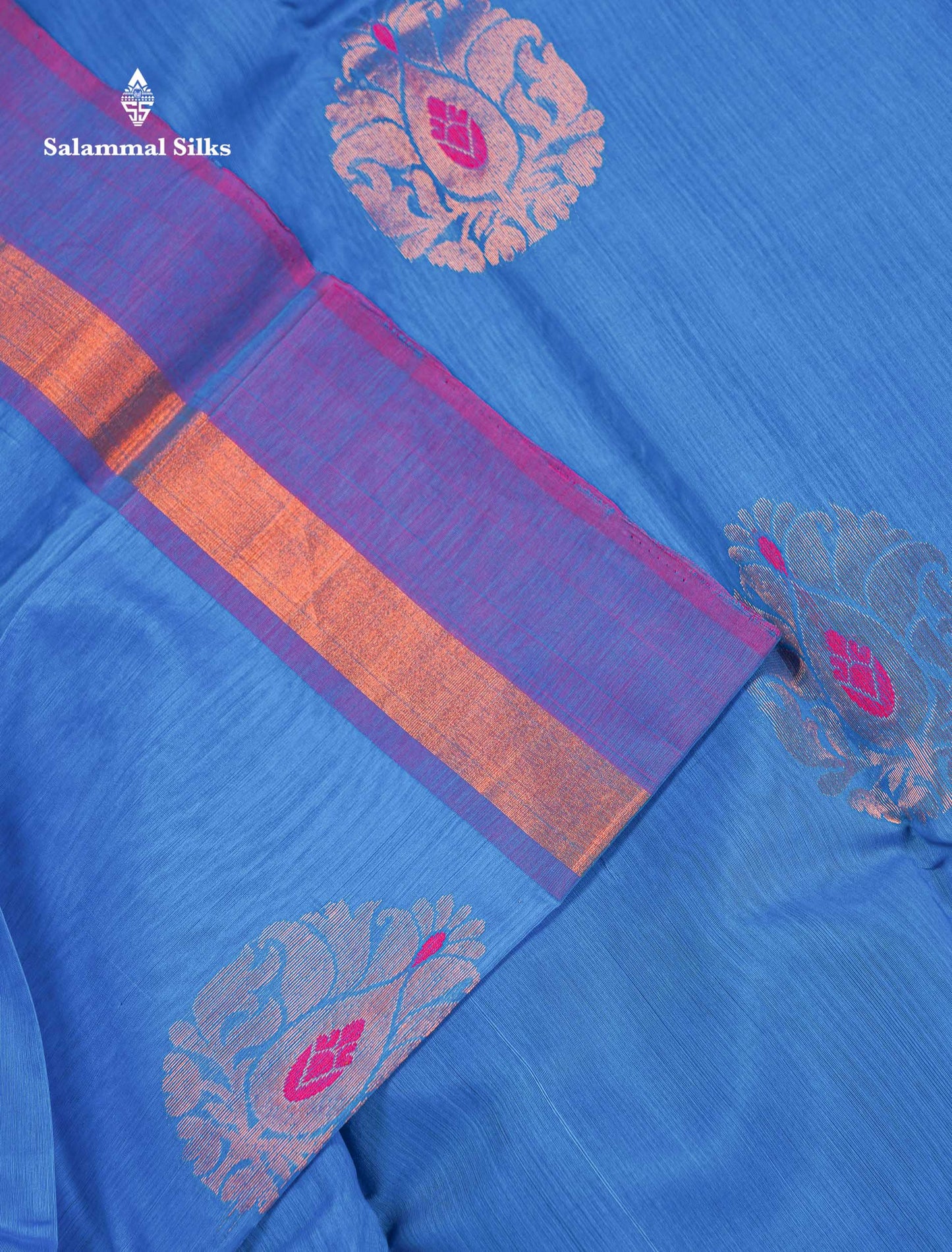 Beautiful Ananda Blue Zari Butta Menakari Work SICO Cotton Saree With Contrast Pink Blouse