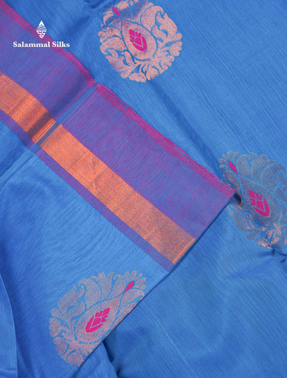 Beautiful Ananda Blue Zari Butta Menakari Work SICO Cotton Saree With Contrast Pink Blouse