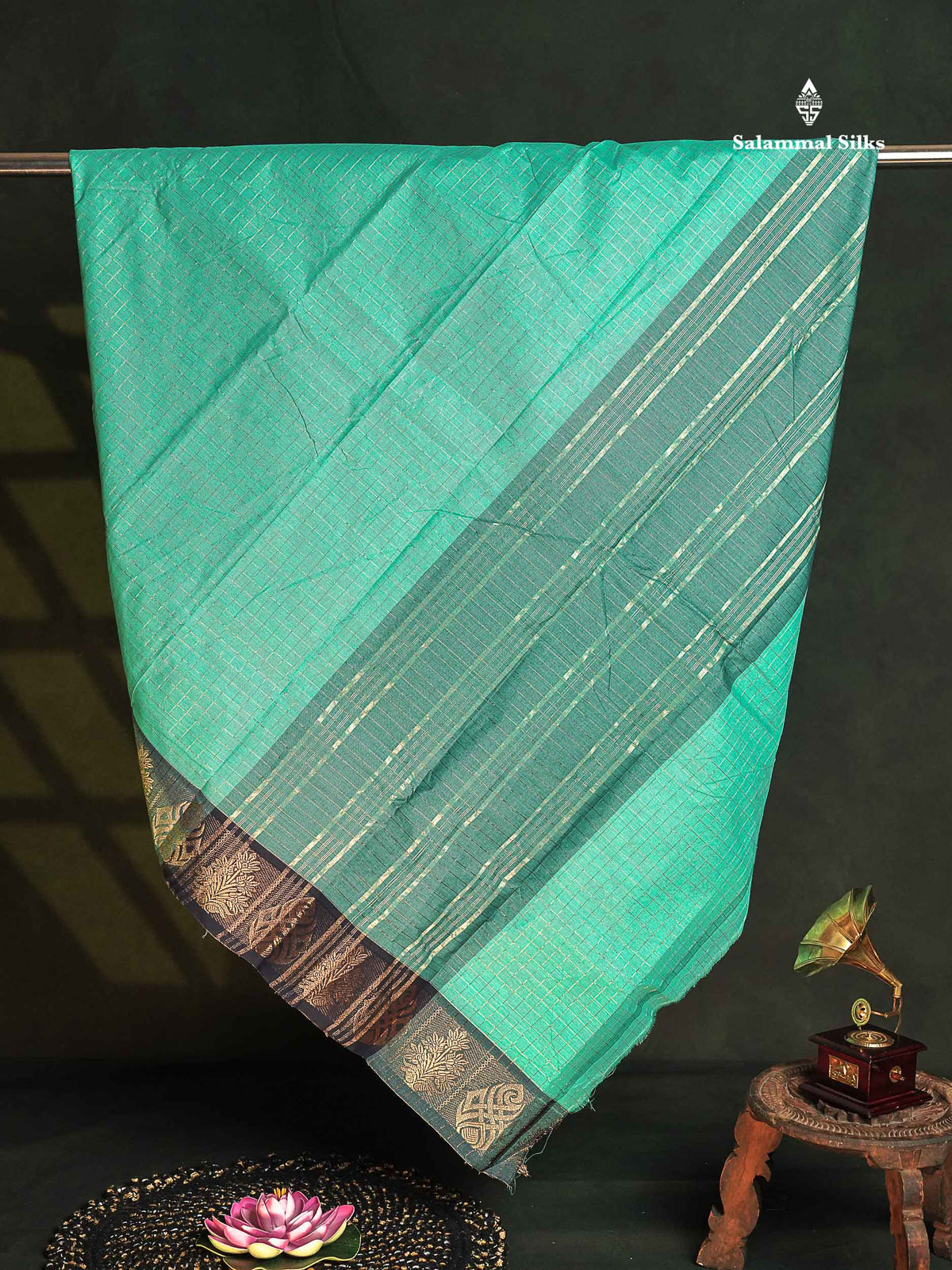 Chettinad Pure Cotton Saree - Sapphire Blue Colour Body Zari Checks With Contrast Teal Blue Border