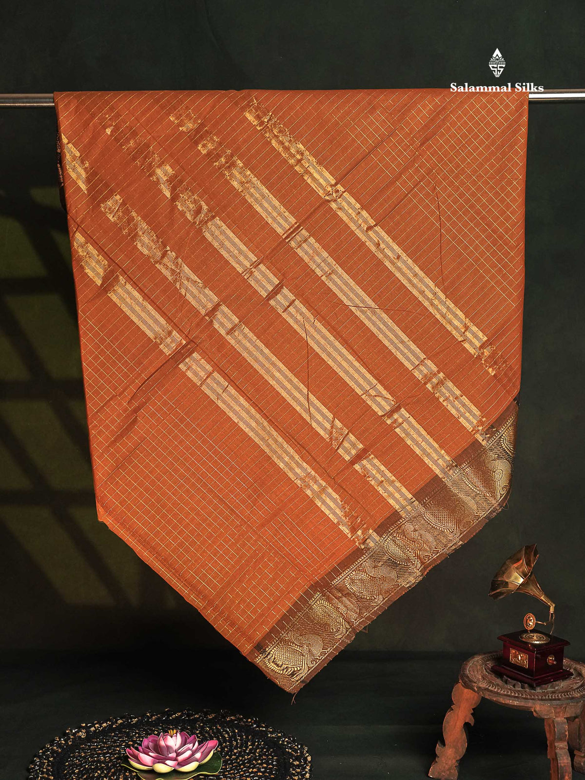 Chettinad Pure Cotton Saree - Brown Colour Body Zari Checks With Traditional Border