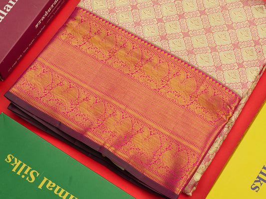 Cream Bridal Pure Kanjivaram Silk Saree With Contrst Pink Traditional Evening Morning Border