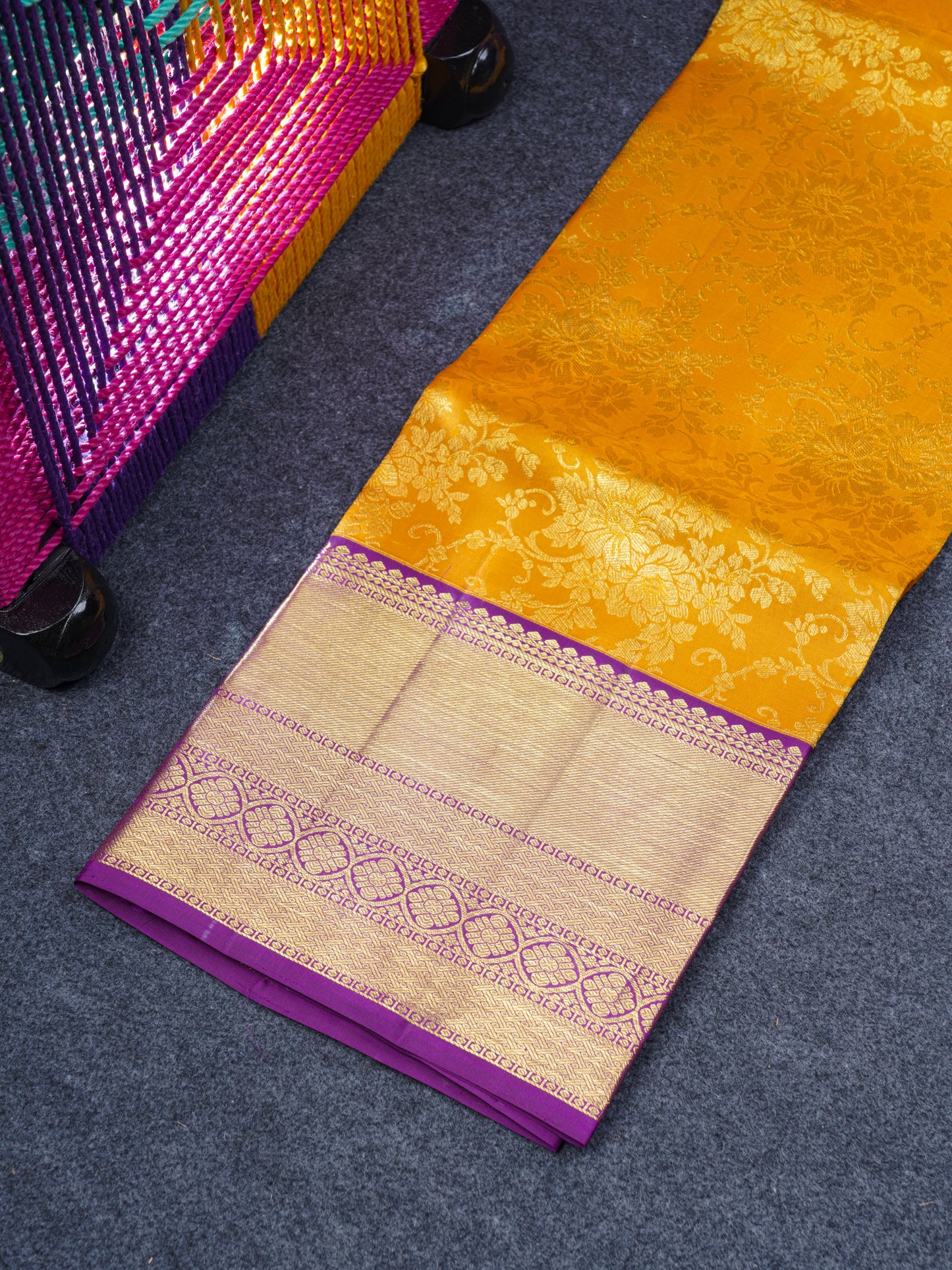 Pure Silk Pattu Pavadai ( Mustard Yellow ) With Violet Blouse 44"