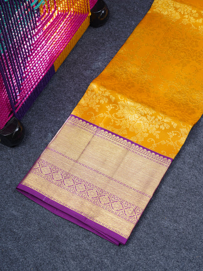 Pure Silk Pattu Pavadai ( Mustard Yellow ) With Violet Blouse 44"