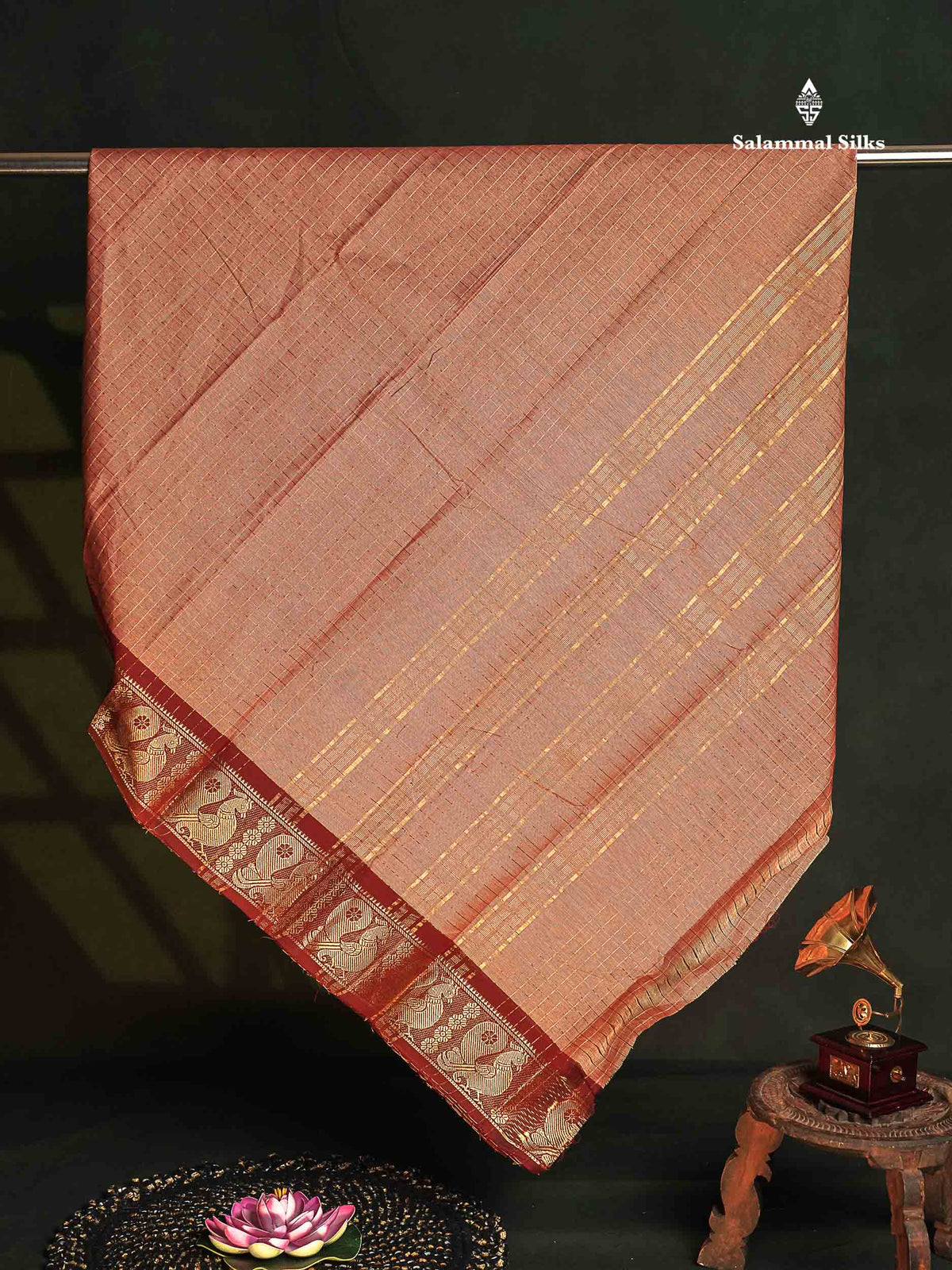 Chettinad Pure Cotton Saree - Peach Colour Body Zari Checks With Traditional Border