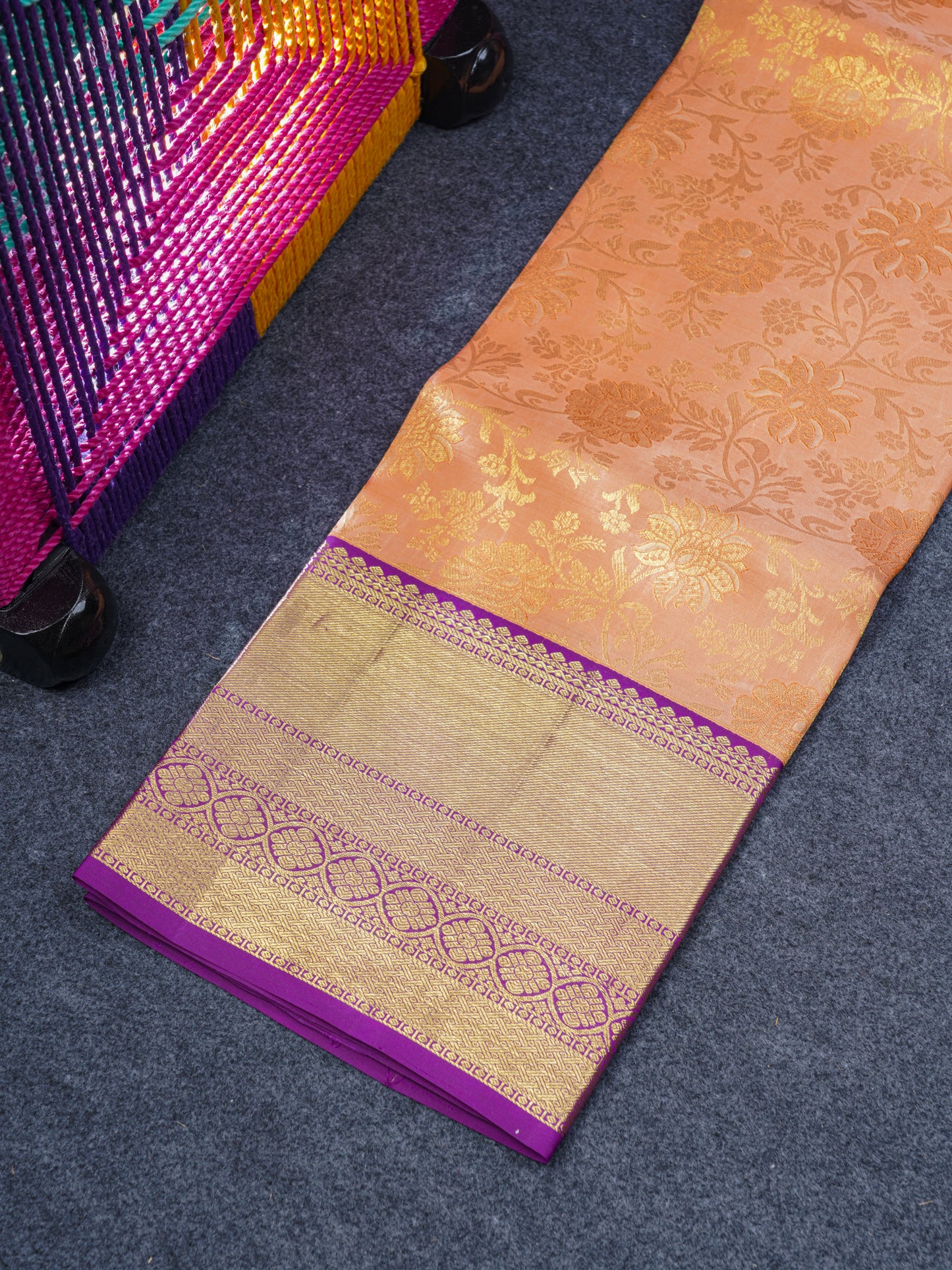 Pure Silk Pattu Pavadai ( Peach ) With Magenta Blouse 44"