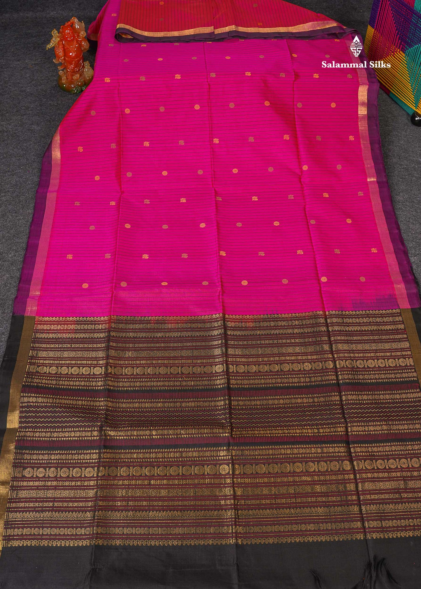 Pure Silk Cotton Saree - Yellow Colour Body Vertical Line With Thread Butta & Pink Blouse