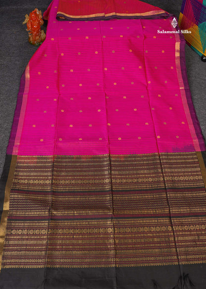 Pure Silk Cotton Saree - Yellow Colour Body Vertical Line With Thread Butta & Pink Blouse