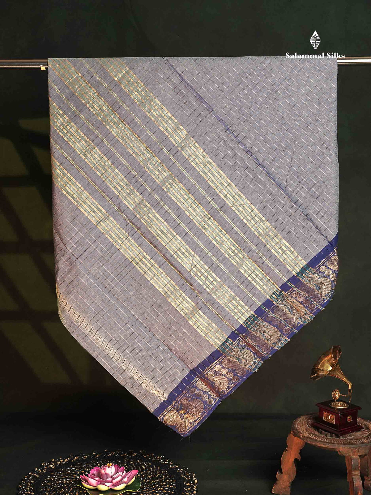 Chettinad Pure Cotton Saree - Dusky Lavender Colour Body Zari Checks With Traditional Border