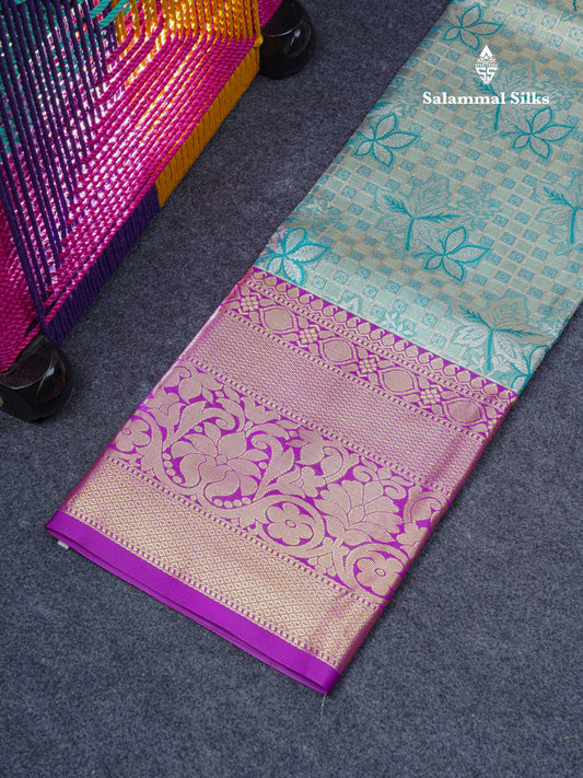 Semi Silk Pattu Pavadai ( Light Green Tissue ) With Violet Blouse  44"