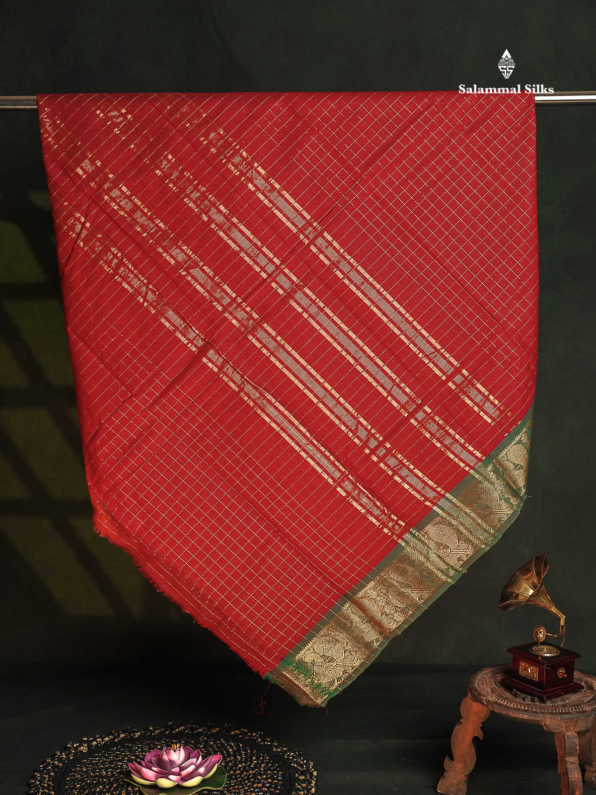 Chettinad Pure Cotton Saree - Maroon Colour Body Zari Checks With Contrast Green Border
