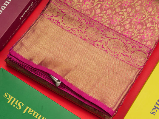 Beautiful Pink Tissue Pure Kanjivaram Silk Saree 3G Zari with Contrast Magenta Evening Morning Border